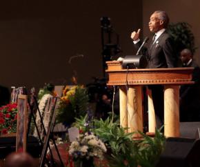 Al Sharpton at Mike Brown's funeral in Ferguson, Mo.