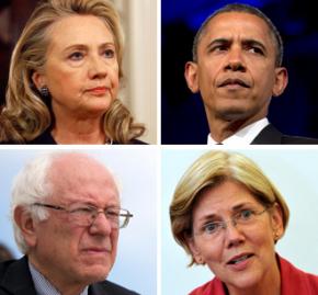 Clockwise from top left: Hillary Clinton, Barack Obama, Elizabeth Warren and Bernie Sanders
