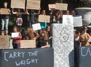 UC Berkeley students gather to show their solidarity with the Carry That Weight protests