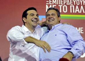 SYRIZA's Alexis Tsipras (left) and ANEL leader Panos Kammenos celebrate on election night