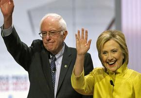 Bernie Sanders and Hillary Clinton at a Democratic Party candidates' debate