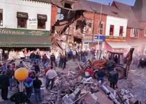 Aftermath of the 1993 bombing of Frizzell's fish shop in Belfast