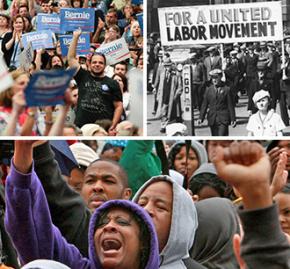 Clockwise from top left: Bernie Sanders rally; the Minneapolis Teamsters strike; a Black Lives Matter protest