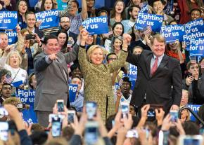 Fellow Democrats share the stage with Hillary Clinton at a campaign rally in Pittsburgh