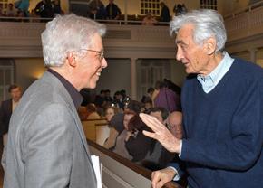 James Green (left) speaks with the people's historian Howard Zinn at an event in Boston in 2006