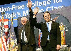 Senator Bernie Sanders and New York Governor Andrew Cuomo take the stage together at La Guardia Community College in New York City