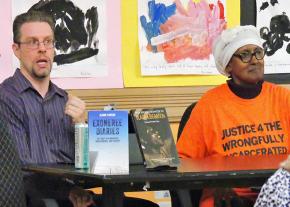 David Bliven (left) and Sharonne Salaam speak at a Justice 4 the Wrongfully Incarcerated discussion