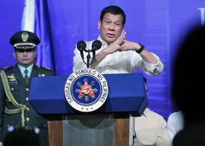 Philippines President Rodrigo Duterte addresses reporters during a press conference