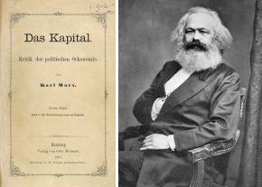 Left: title page from the 1867 edition of Capital; right: Karl Marx