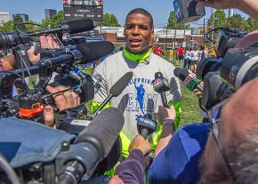Carolina Panthers quarterback Cam Newson speaks to reporters
