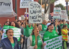 Workers rally against a union-busting organization in Washington state