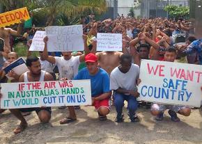 A protest in a migrant prison camp on Manus in Papua New Guinea