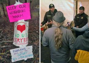 Left to right: Signs at the Village of Hope; park rangers raid the camp