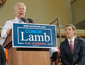 Joe Biden (left) campaigns for newly elected Congressman Conor Lamb in Pennsylvania's 18th district