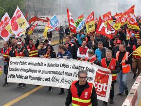 Striking rail workers march against austerity in Lyon
