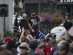 Patriot Prayer founder Joey Gibson rallies supporters in Portland, Oregon