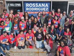 Supporters of Rossana Rodriguez outside her campaign office